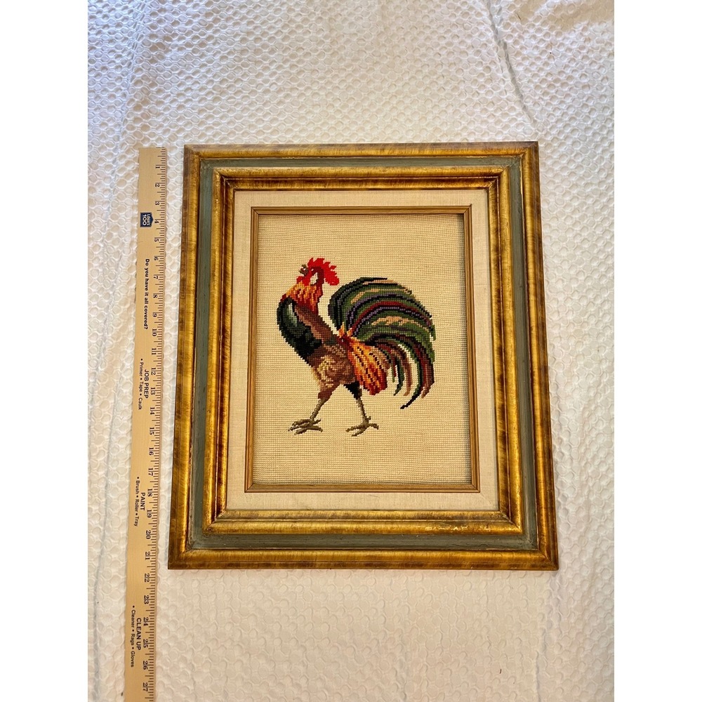 Vintage Framed Rooster Needlepoint Textile Art Gilt Wood Frame Farmhouse Decor - Picture 4 of 7